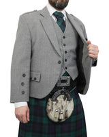 Light Grey Tweed Jacket & Black Watch Kilt Hire Package for men. Ideal for weddings, proms, or Highlandwear events.