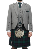 Light Grey Tweed Jacket & Black Watch Kilt Hire Package for men. Ideal for weddings, proms, or Highlandwear events.