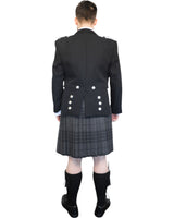 Prince Charlie Jacket & Grey Spirit Kilt Hire Package for men. Ideal for weddings, proms, or Highlandwear events.