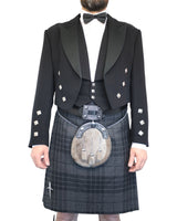 Prince Charlie Jacket & Grey Spirit Kilt Hire Package for men. Ideal for weddings, proms, or Highlandwear events.