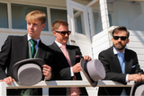 ACS Rental Image with 3 men in morning suits at the races. On wearing a sage green waistcoat and accessories, one with dusky pink waistcoat and accessories and the other in pale blue waistcoat and accessories.