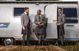 ACS Rental - 3 men stood in Grey Tweed Highland outfits against a metal trailer