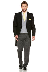 Black Tailcoat & Grey Stripe Trousers Suit for men. Ideal for weddings, proms, or Formalwear Hire.