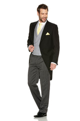 Black Tailcoat & Grey Stripe Trousers Suit for men. Ideal for weddings, proms, or Formalwear Hire.