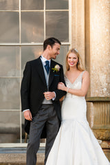 Black Tailcoat & Grey Stripe Trousers Suit for men. Ideal for weddings, proms, or Formalwear Hire.