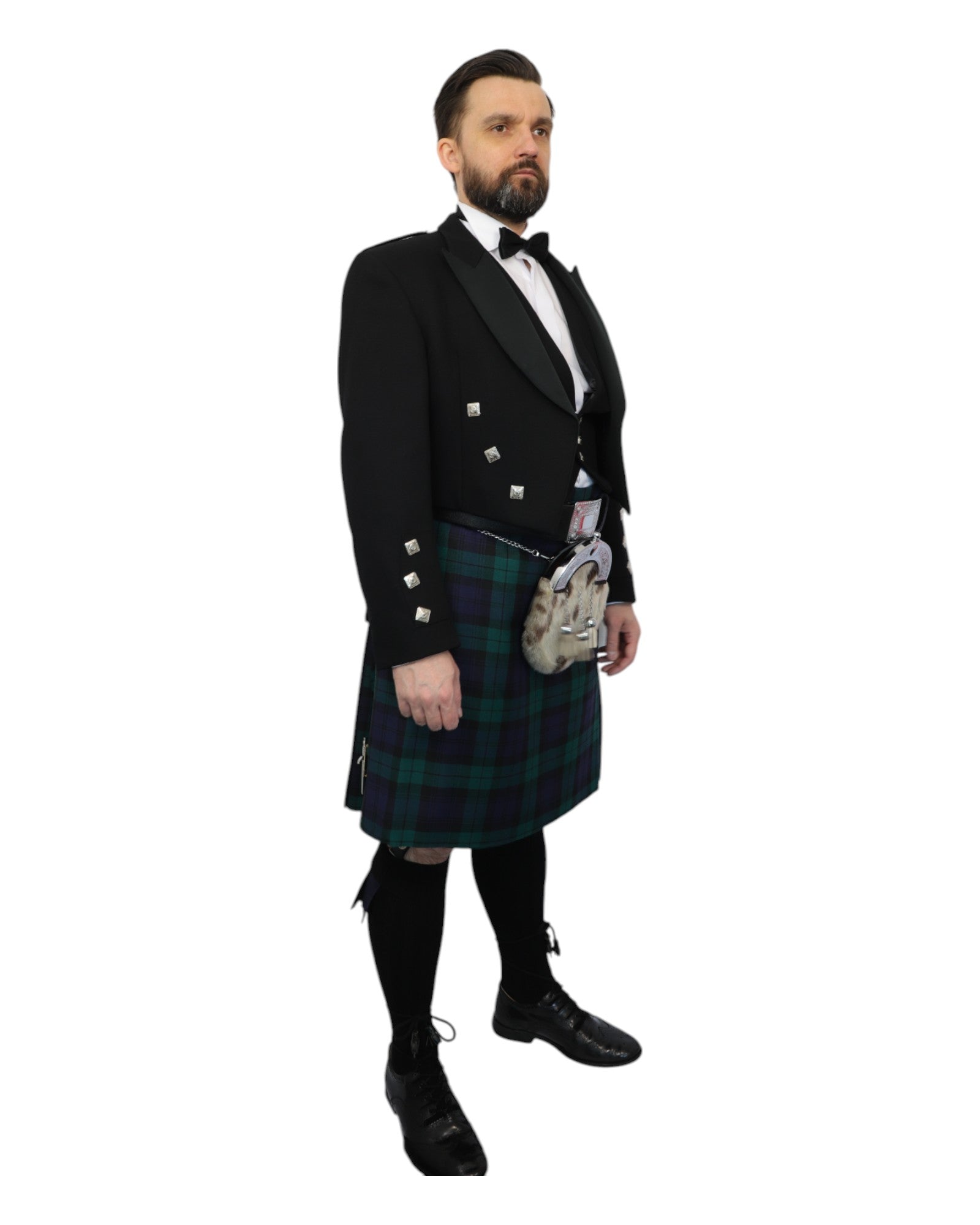 Prince Charlie Jacket & Black Watch Kilt Hire Package for men. Ideal for weddings, proms, or Highlandwear events. 