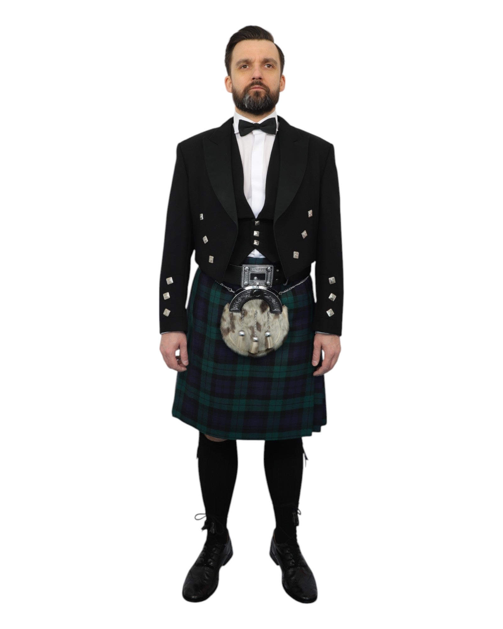 Prince Charlie Jacket & Black Watch Kilt Hire Package for men. Ideal for weddings, proms, or Highlandwear events. 