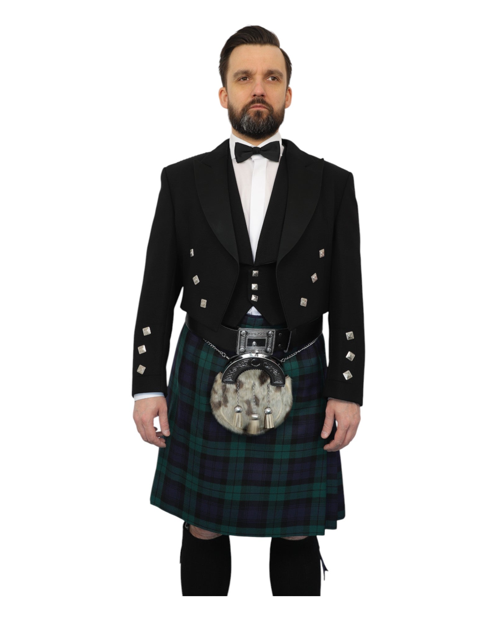 Prince Charlie Jacket & Black Watch Kilt Hire Package for men. Ideal for weddings, proms, or Highlandwear events. 