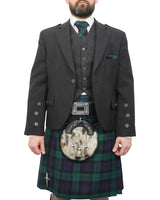 Charcoal Tweed Jacket & Black Watch Kilt Hire Package for men. Ideal for weddings, proms, or Highlandwear events. 