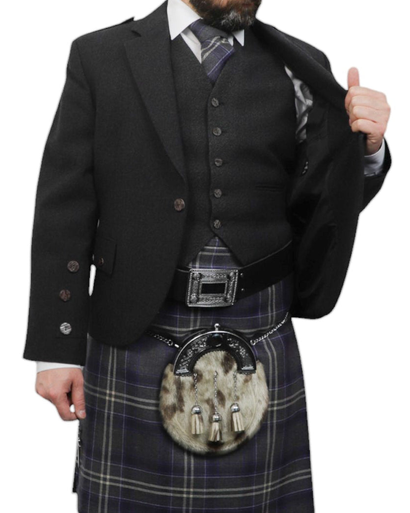 Charcoal Tweed Jacket & Highland Storm Kilt Hire Package for men. Ideal for weddings, proms, or Highlandwear events. 