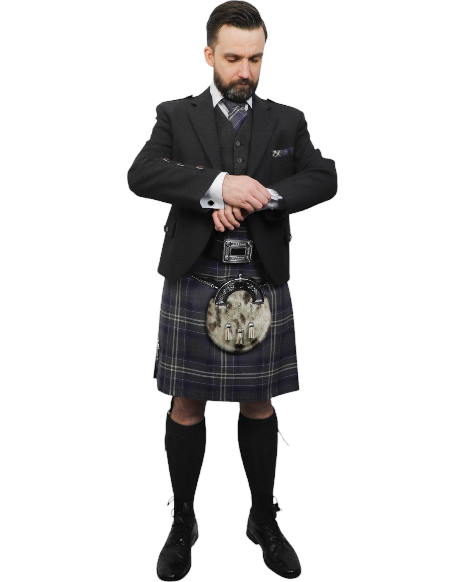 Charcoal Tweed Jacket & Highland Storm Kilt Hire Package for men. Ideal for weddings, proms, or Highlandwear events. 
