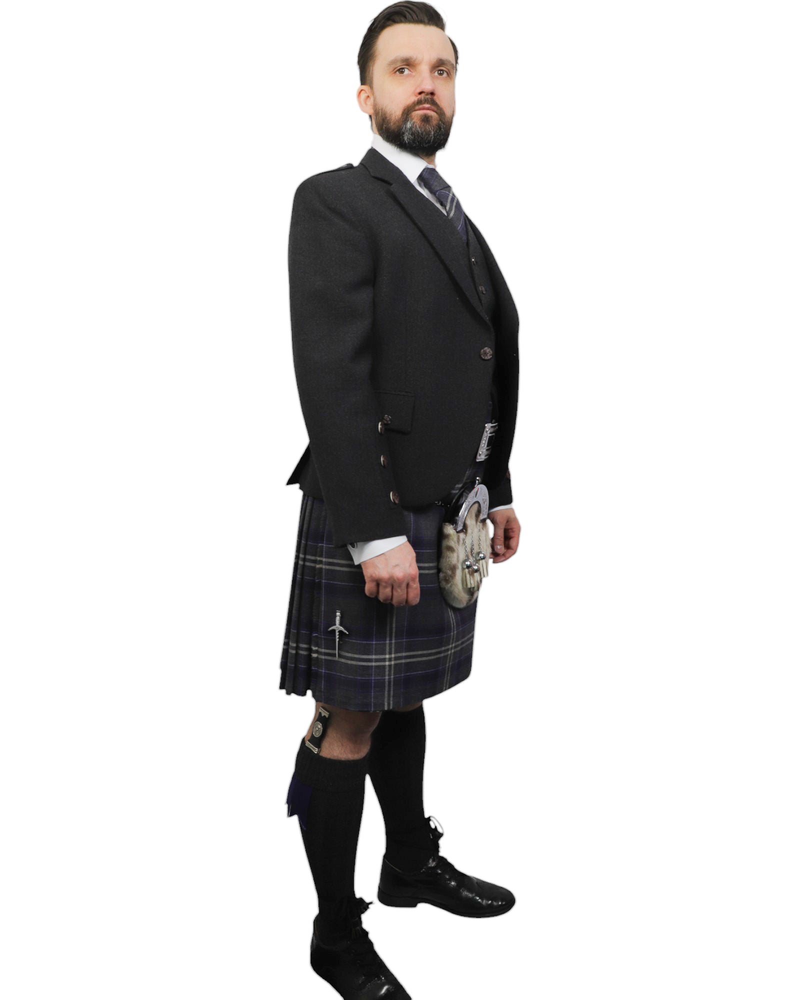 Charcoal Tweed Jacket & Highland Storm Kilt Hire Package for men. Ideal for weddings, proms, or Highlandwear events. 