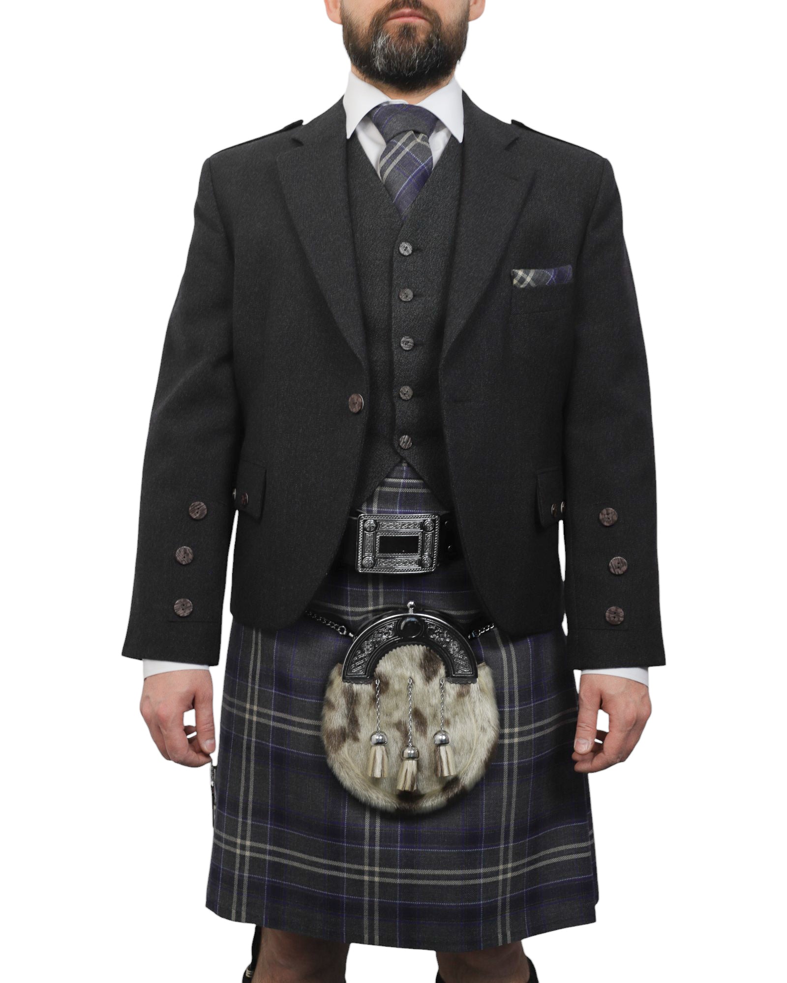 Charcoal Tweed Jacket & Highland Storm Kilt Hire Package for men. Ideal for weddings, proms, or Highlandwear events. 