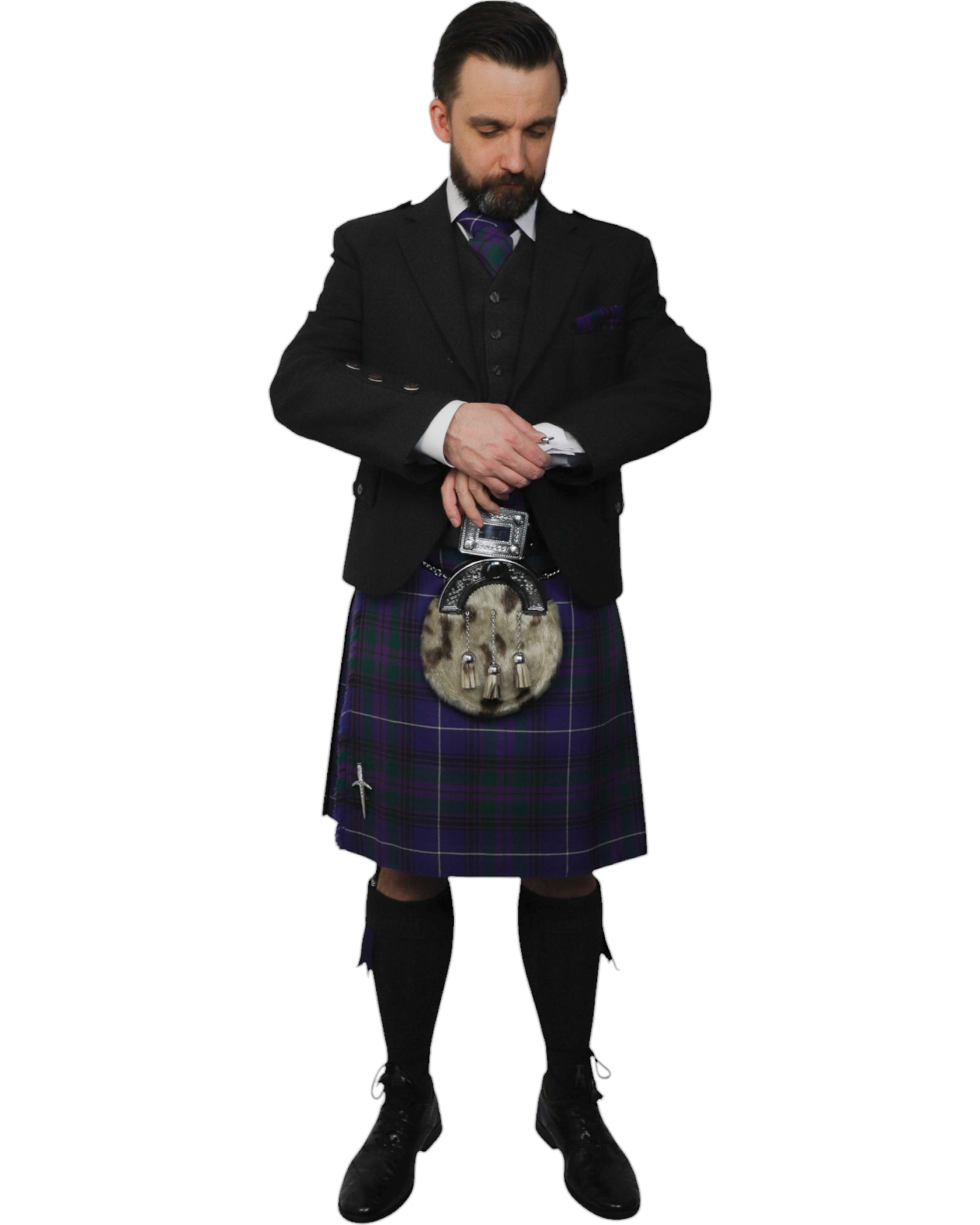 Charcoal Tweed Jacket & Spirit of Bannockburn Kilt Hire Package for men. Ideal for weddings, proms, or Highlandwear events. 