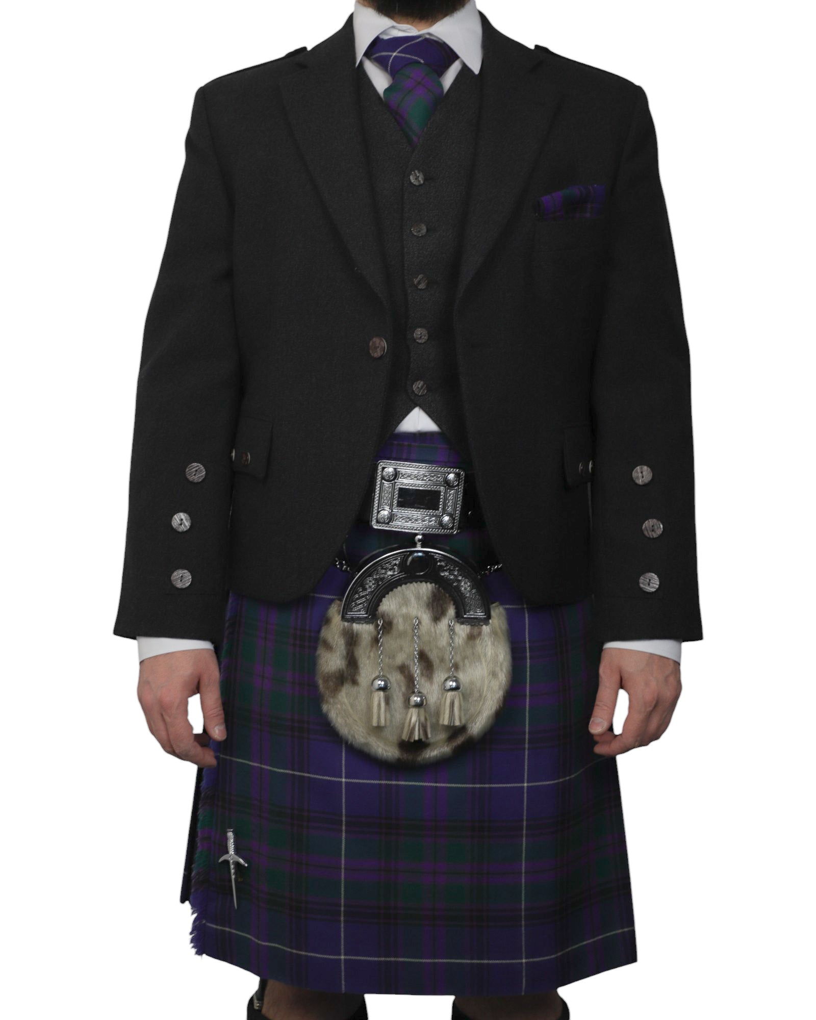 Charcoal Tweed Jacket & Spirit of Bannockburn Kilt Hire Package for men. Ideal for weddings, proms, or Highlandwear events. 