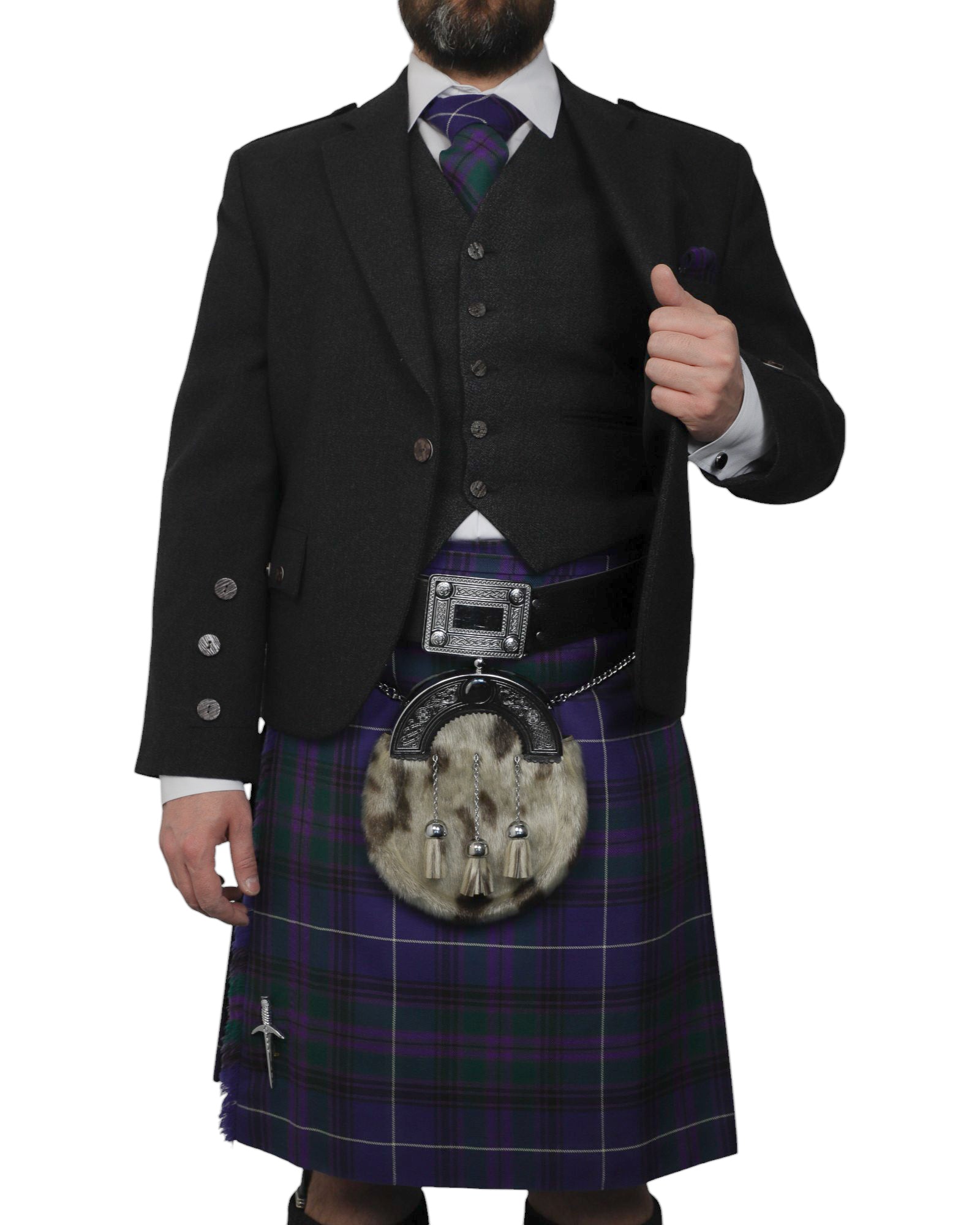 Charcoal Tweed Jacket & Spirit of Bannockburn Kilt Hire Package for men. Ideal for weddings, proms, or Highlandwear events. 