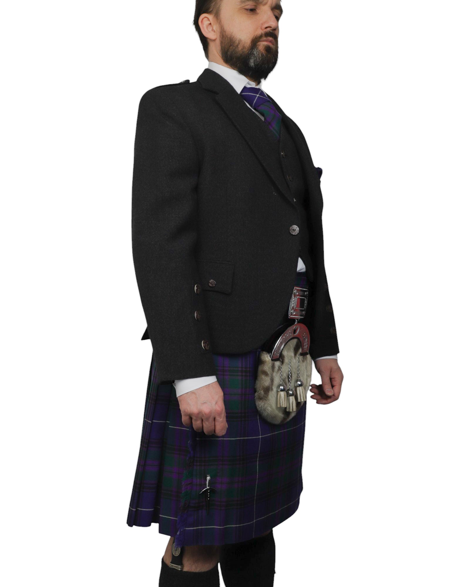 Charcoal Tweed Jacket & Spirit of Bannockburn Kilt Hire Package for men. Ideal for weddings, proms, or Highlandwear events. 
