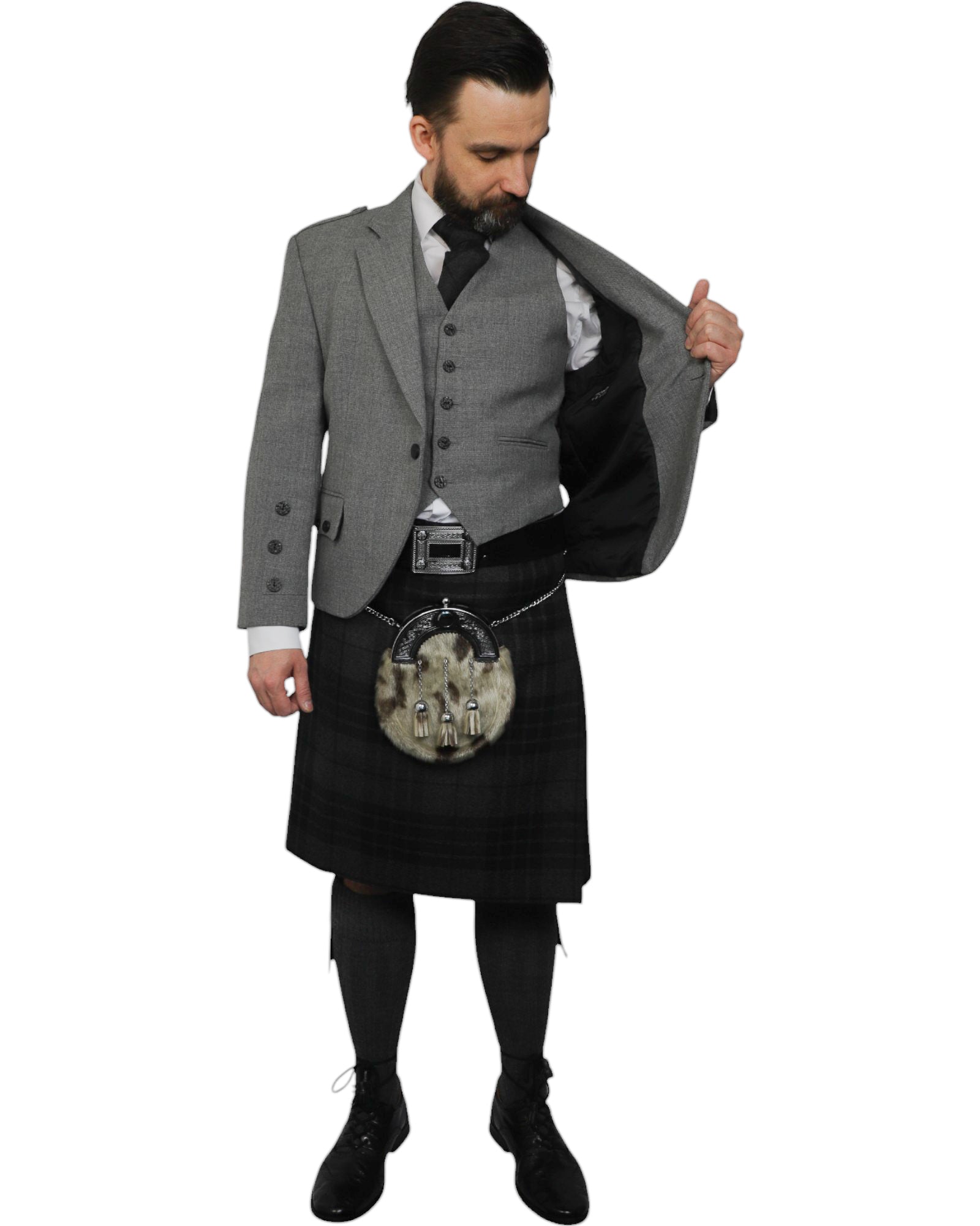 Light Grey Tweed Jacket & Grey Spirit Kilt Hire Package for men. Ideal for weddings, proms, or Highlandwear events. 