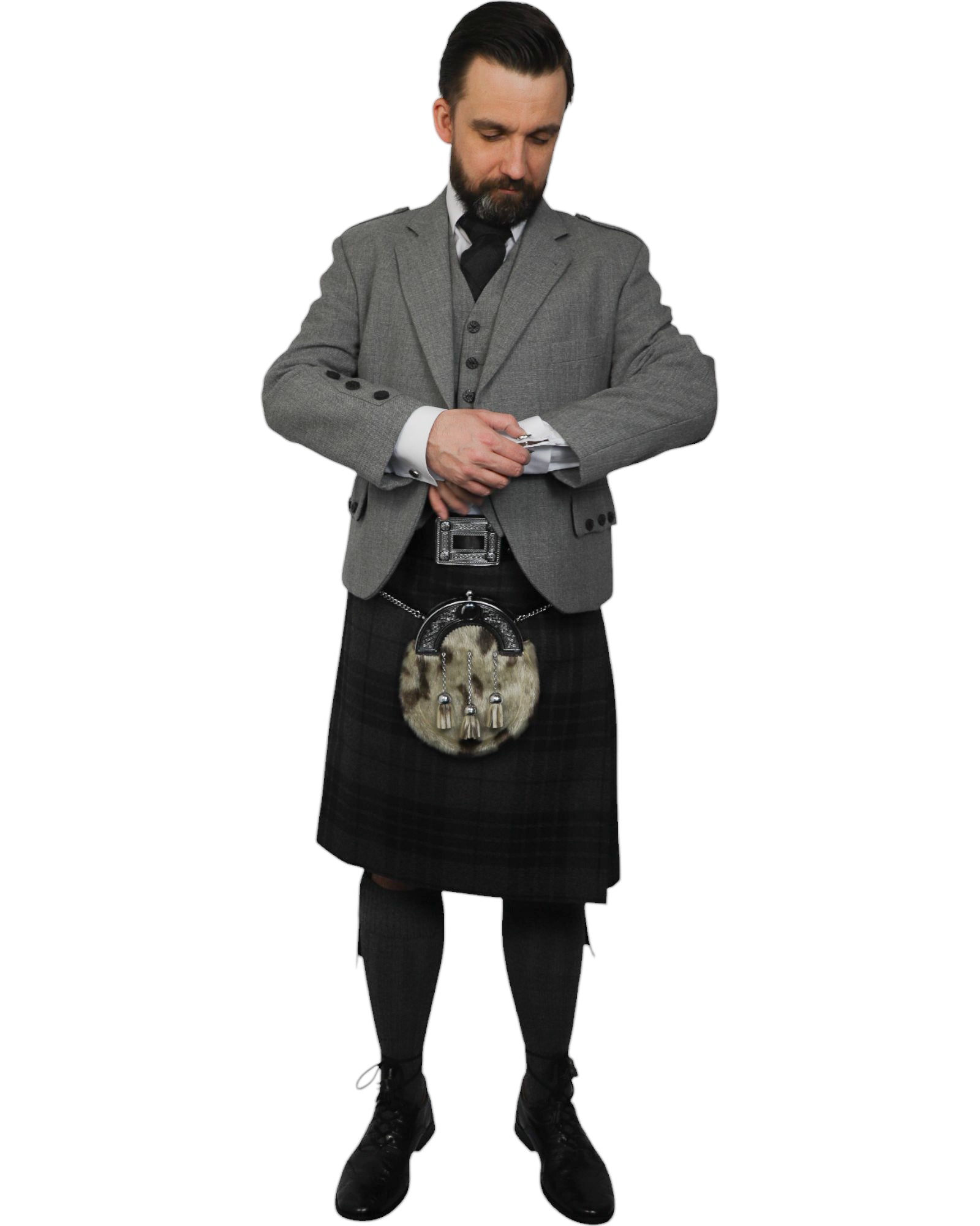Light Grey Tweed Jacket & Grey Spirit Kilt Hire Package for men. Ideal for weddings, proms, or Highlandwear events. 