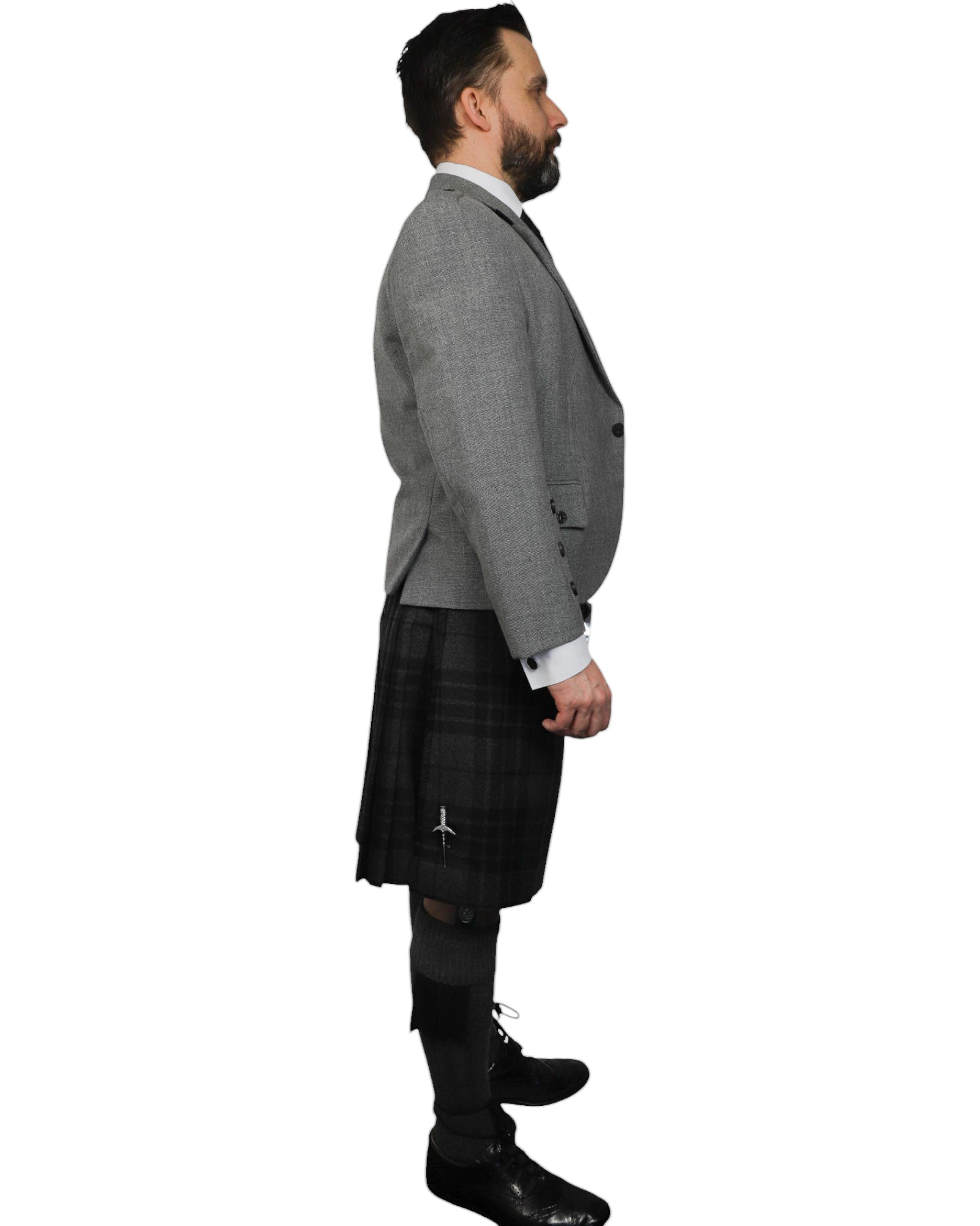 Light Grey Tweed Jacket & Grey Spirit Kilt Hire Package for men. Ideal for weddings, proms, or Highlandwear events. 