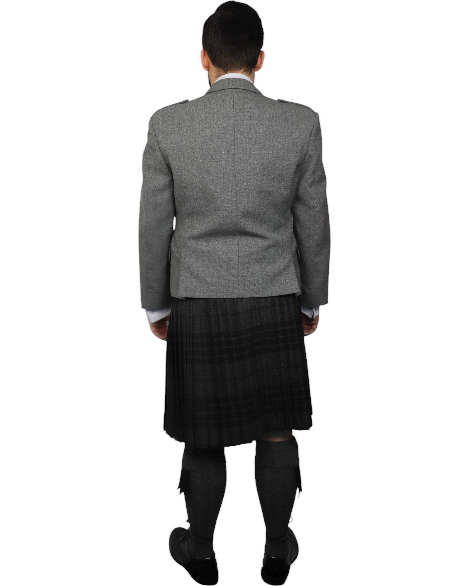 Light Grey Tweed Jacket & Grey Spirit Kilt Hire Package for men. Ideal for weddings, proms, or Highlandwear events. 