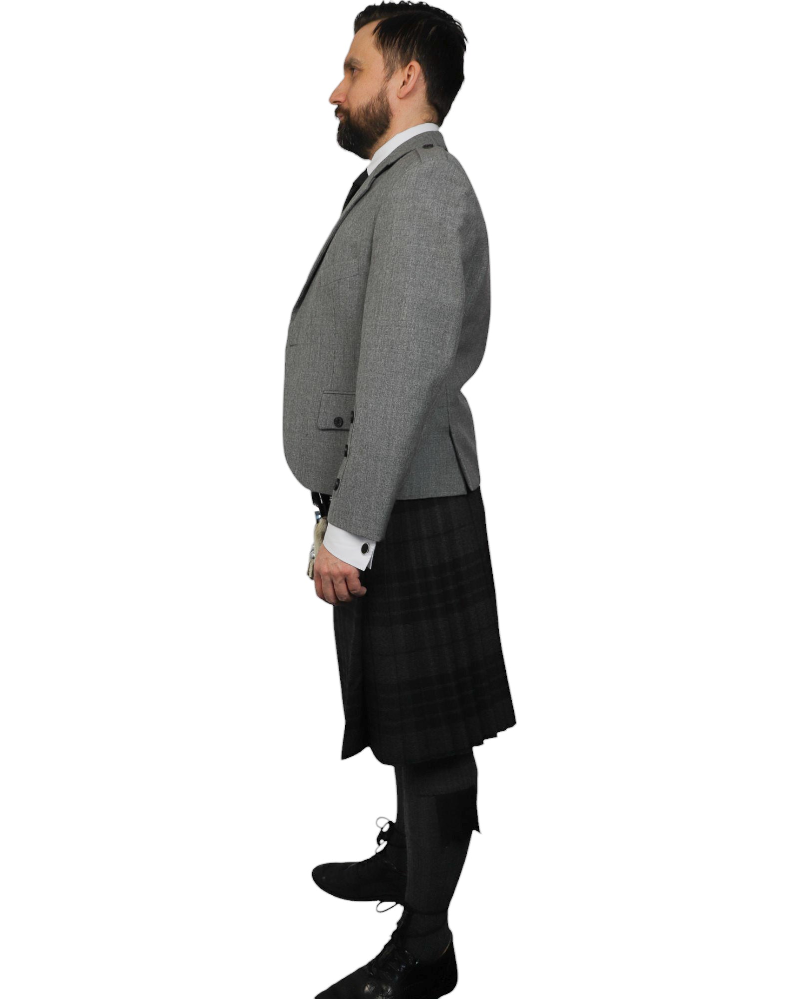 Light Grey Tweed Jacket & Grey Spirit Kilt Hire Package for men. Ideal for weddings, proms, or Highlandwear events. 