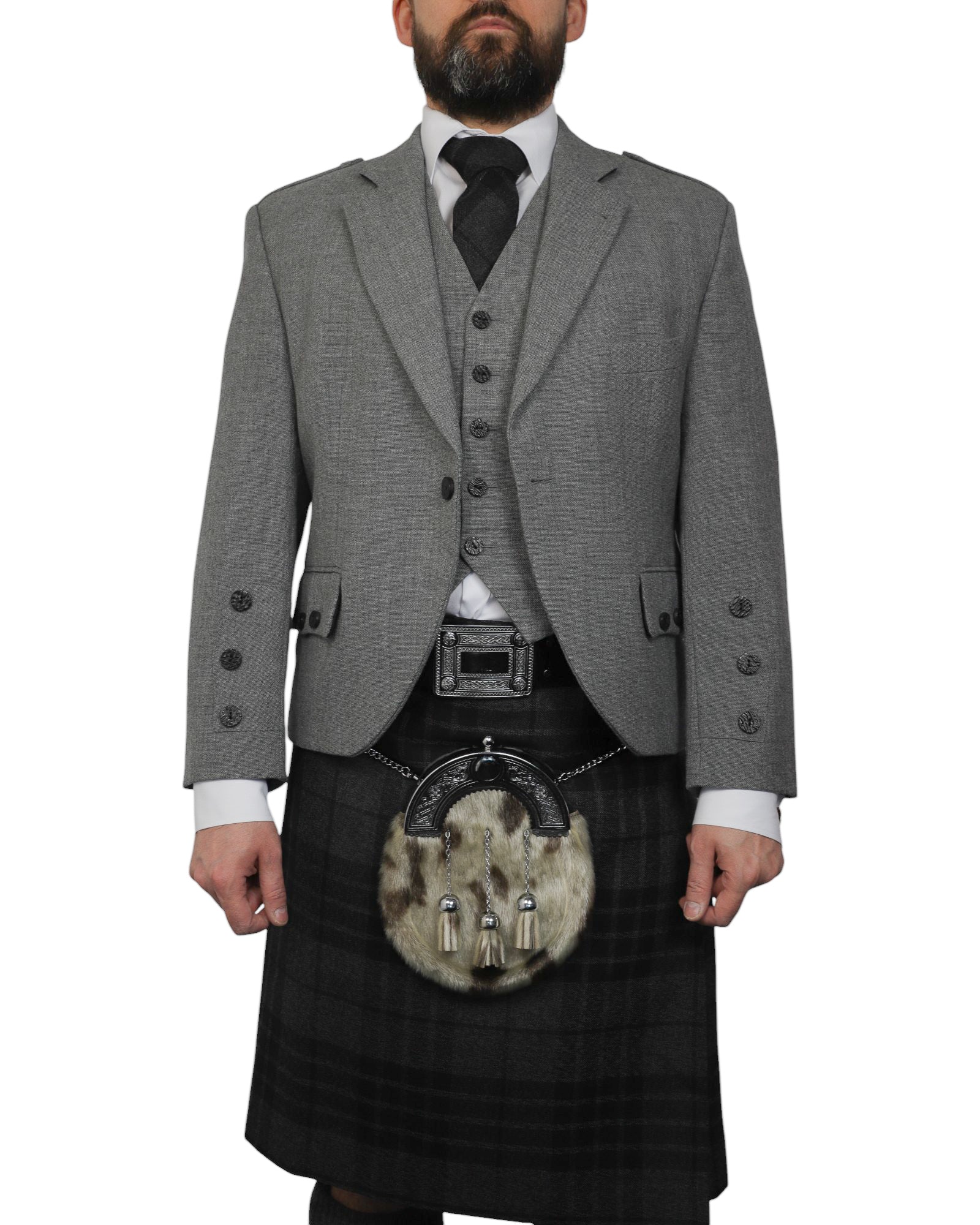 Light Grey Tweed Jacket & Grey Spirit Kilt Hire Package for men. Ideal for weddings, proms, or Highlandwear events. 