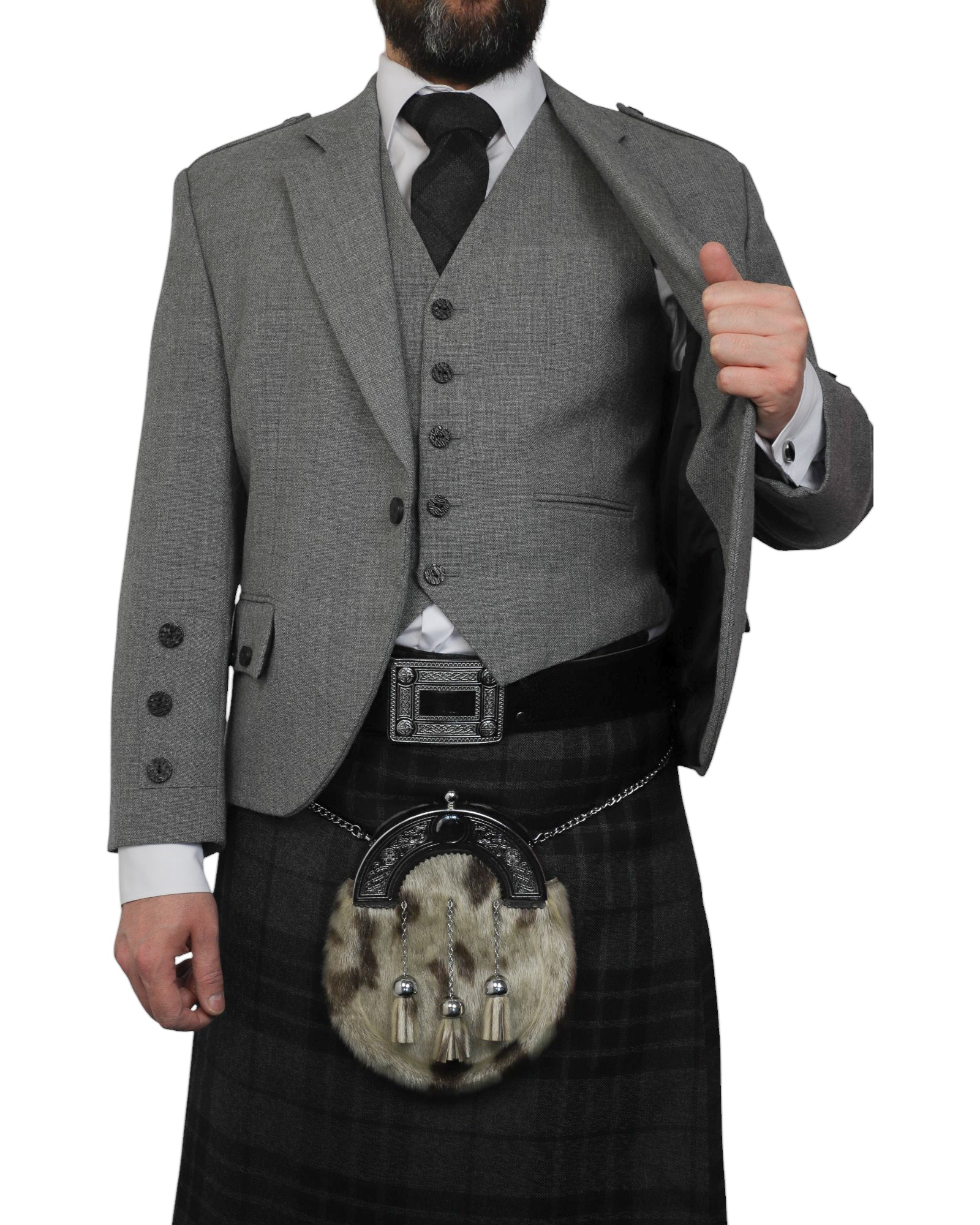 Light Grey Tweed Jacket & Grey Spirit Kilt Hire Package for men. Ideal for weddings, proms, or Highlandwear events. 