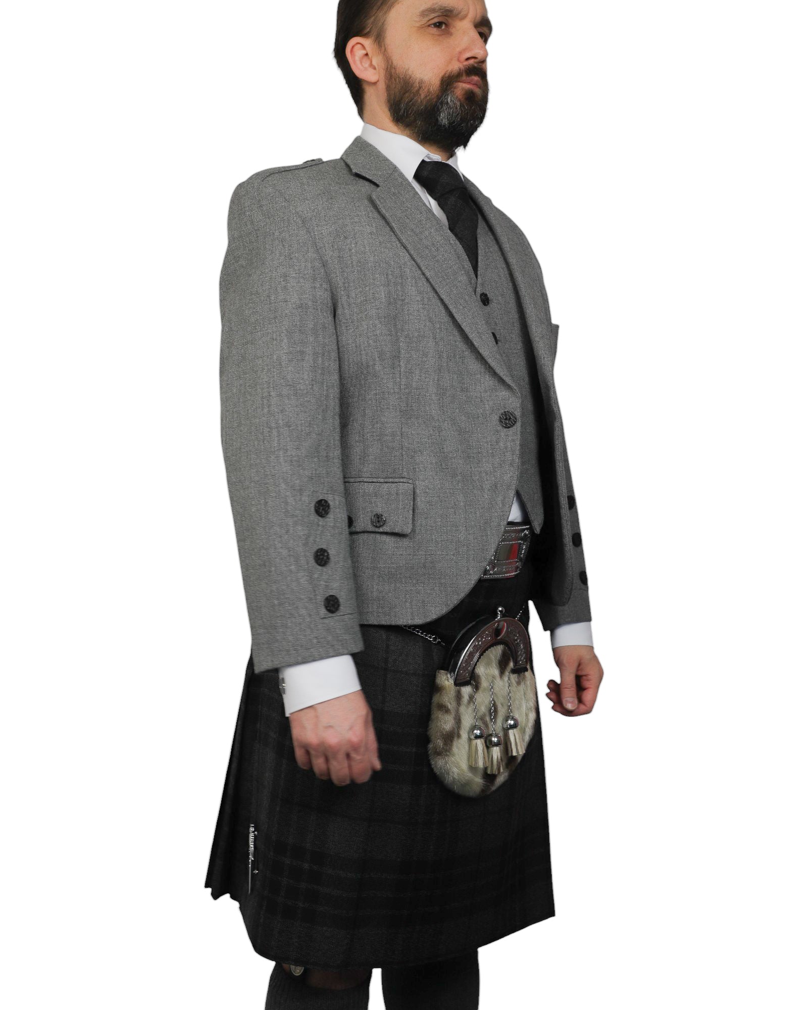 Light Grey Tweed Jacket & Grey Spirit Kilt Hire Package for men. Ideal for weddings, proms, or Highlandwear events. 