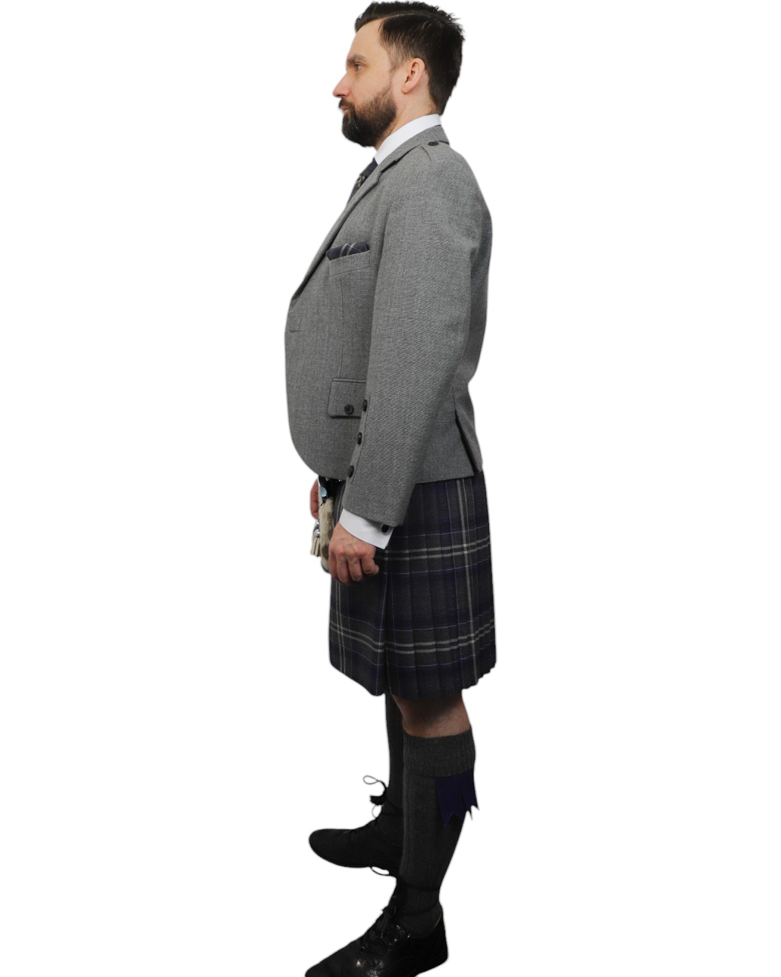 Light Grey Tweed Jacket & Highland Storm Kilt Hire Package for men. Ideal for weddings, proms, or Highlandwear events.
