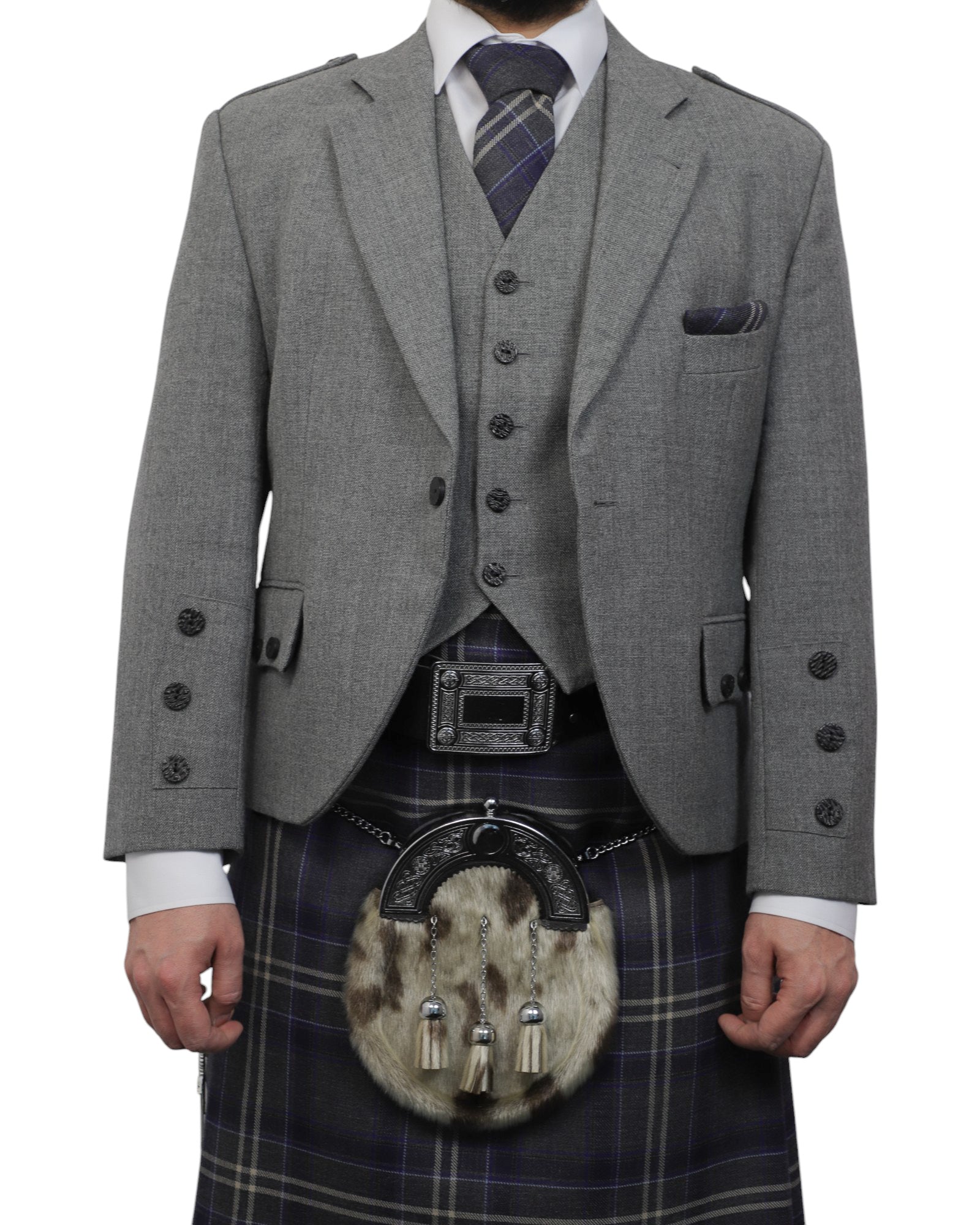 Light Grey Tweed Jacket & Highland Storm Kilt Hire Package for men. Ideal for weddings, proms, or Highlandwear events.