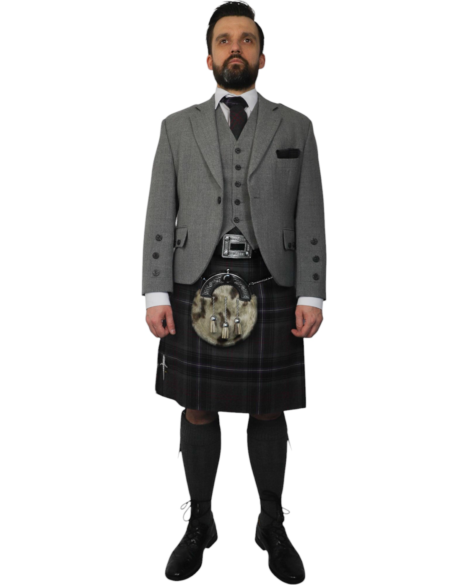 Light Grey Tweed Jacket & Scottish Spirit Kilt Hire Package for men. Ideal for weddings, proms, or Highlandwear events. 