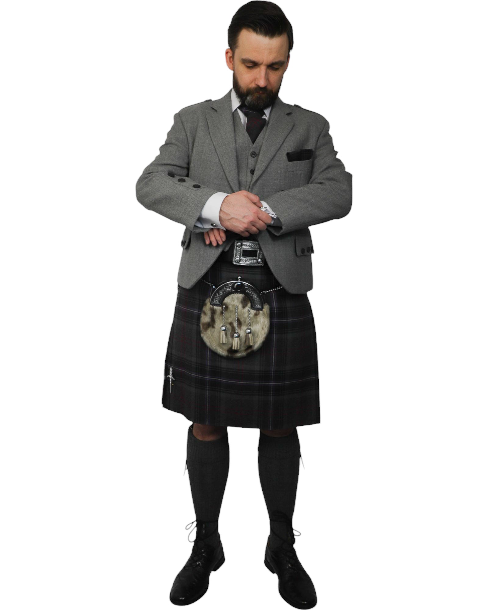 Light Grey Tweed Jacket & Scottish Spirit Kilt Hire Package for men. Ideal for weddings, proms, or Highlandwear events. 