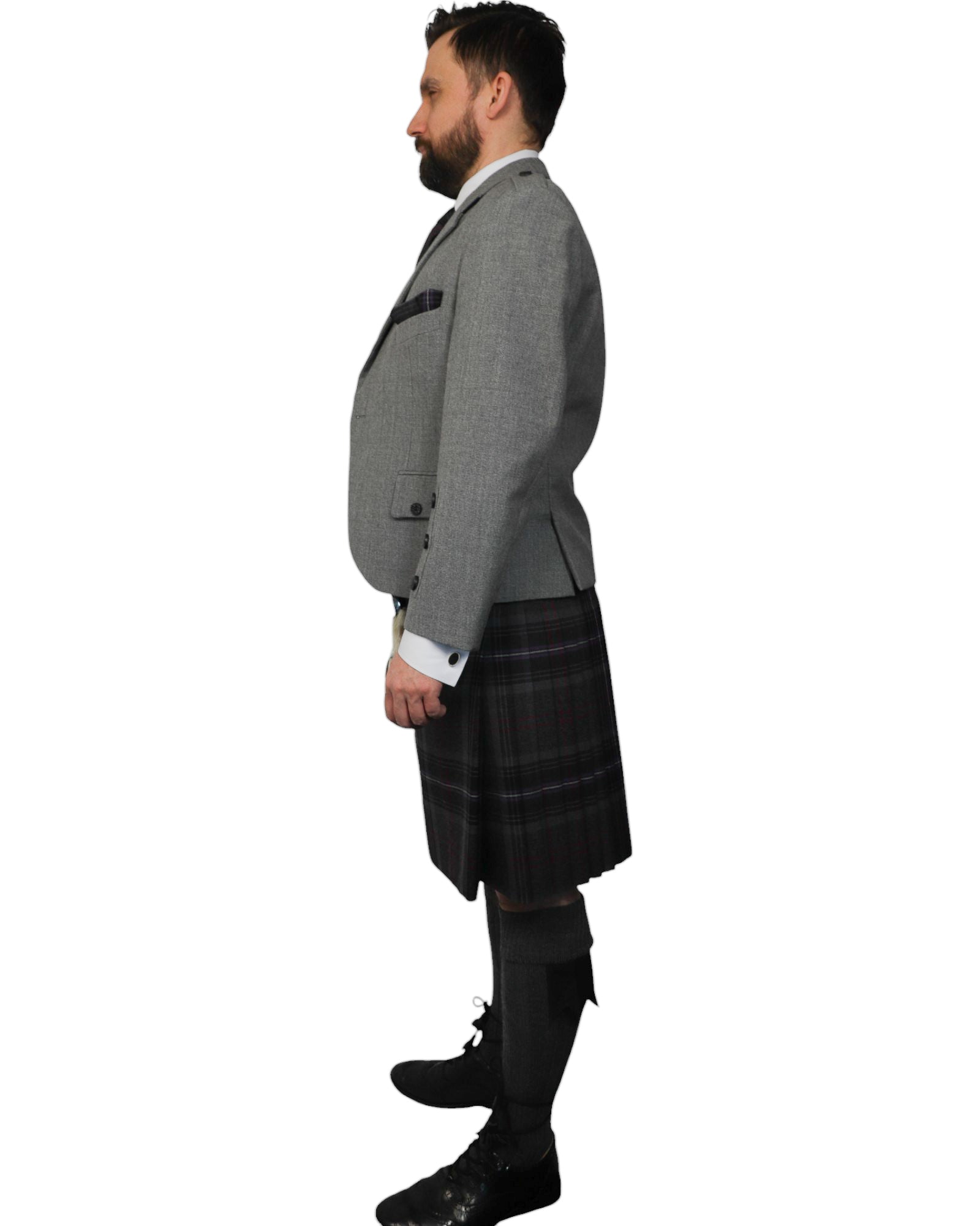 Light Grey Tweed Jacket & Scottish Spirit Kilt Hire Package for men. Ideal for weddings, proms, or Highlandwear events. 