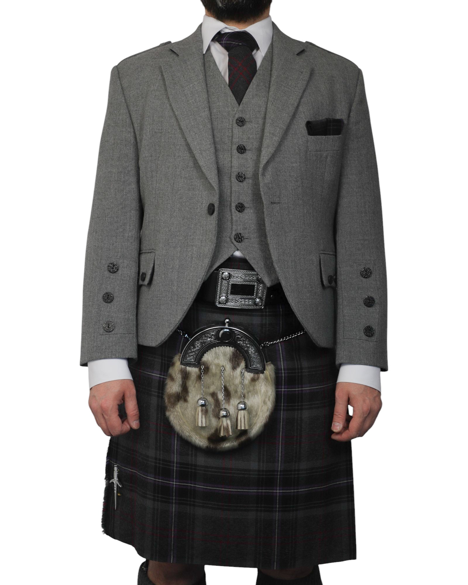 Light Grey Tweed Jacket & Scottish Spirit Kilt Hire Package for men. Ideal for weddings, proms, or Highlandwear events. 