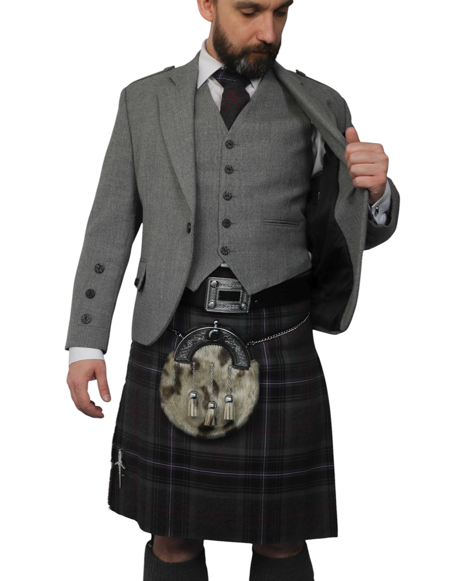 Light Grey Tweed Jacket & Scottish Spirit Kilt Hire Package for men. Ideal for weddings, proms, or Highlandwear events. 