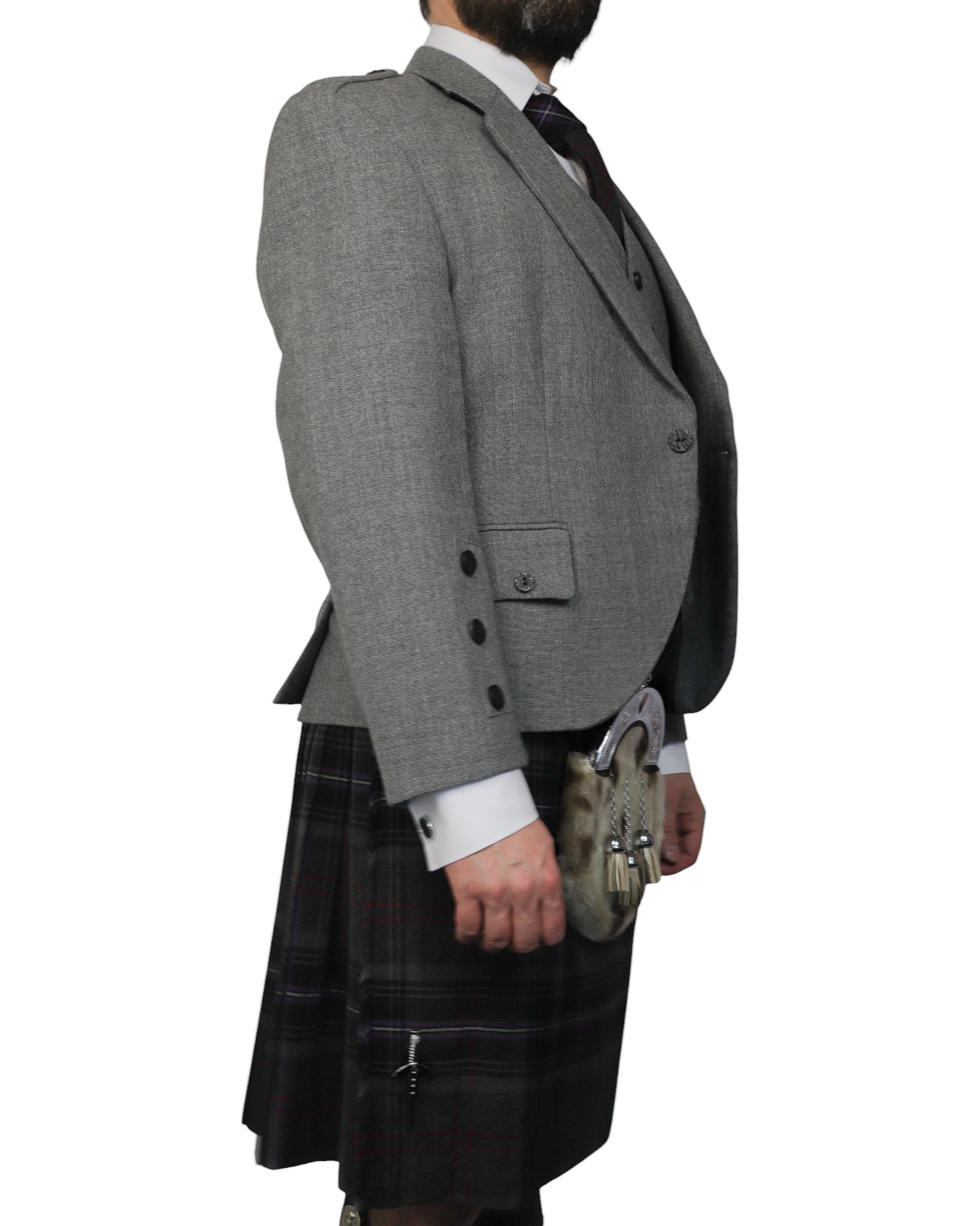 Light Grey Tweed Jacket & Scottish Spirit Kilt Hire Package for men. Ideal for weddings, proms, or Highlandwear events. 