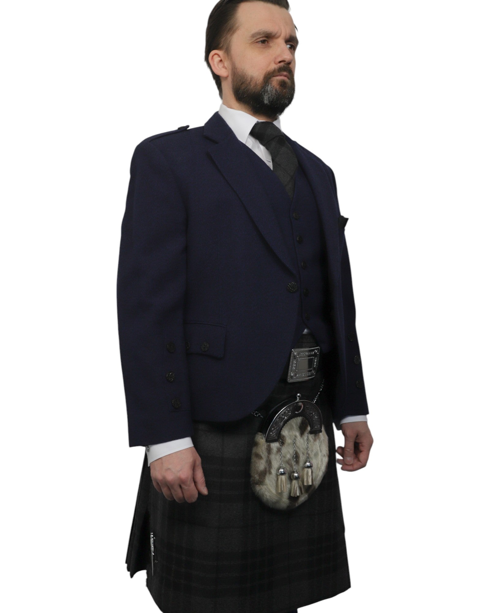 Navy Tweed Jacket & Grey Spirit Kilt Hire Package for men. Ideal for weddings, proms, or Highlandwear events.