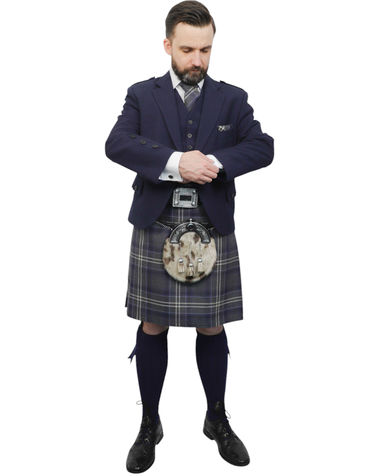 Navy Tweed Jacket & Highland Storm Kilt Hire Package for men. Ideal for weddings, proms, or Highlandwear events.