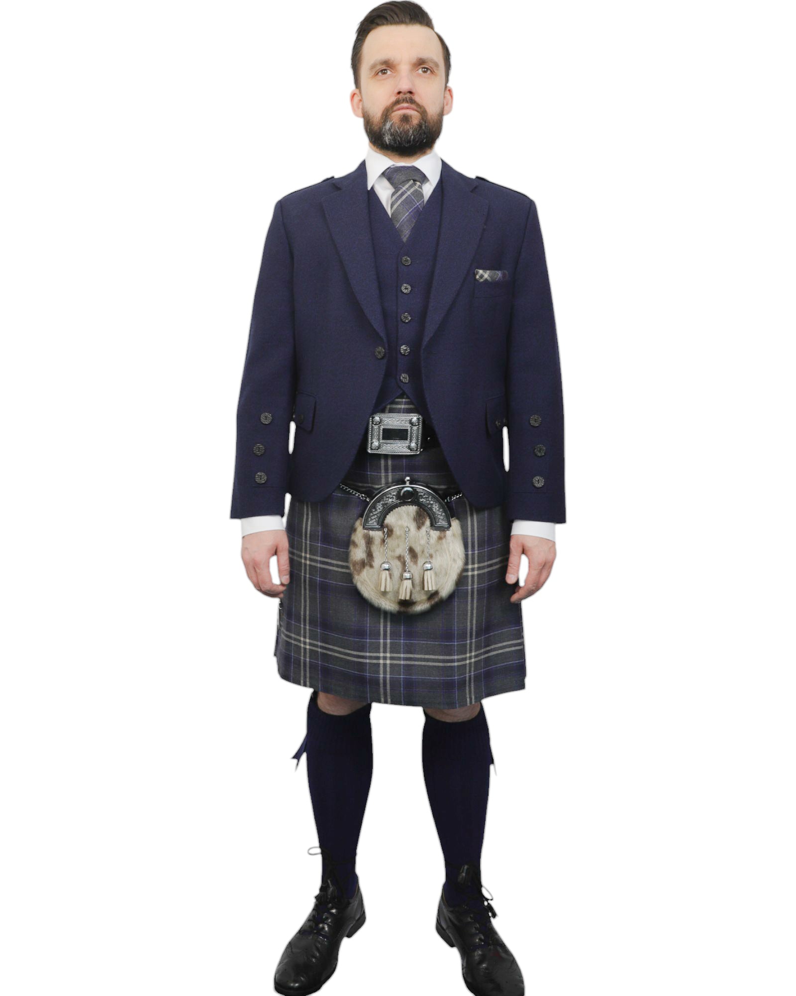 Navy Tweed Jacket & Highland Storm Kilt Hire Package for men. Ideal for weddings, proms, or Highlandwear events.