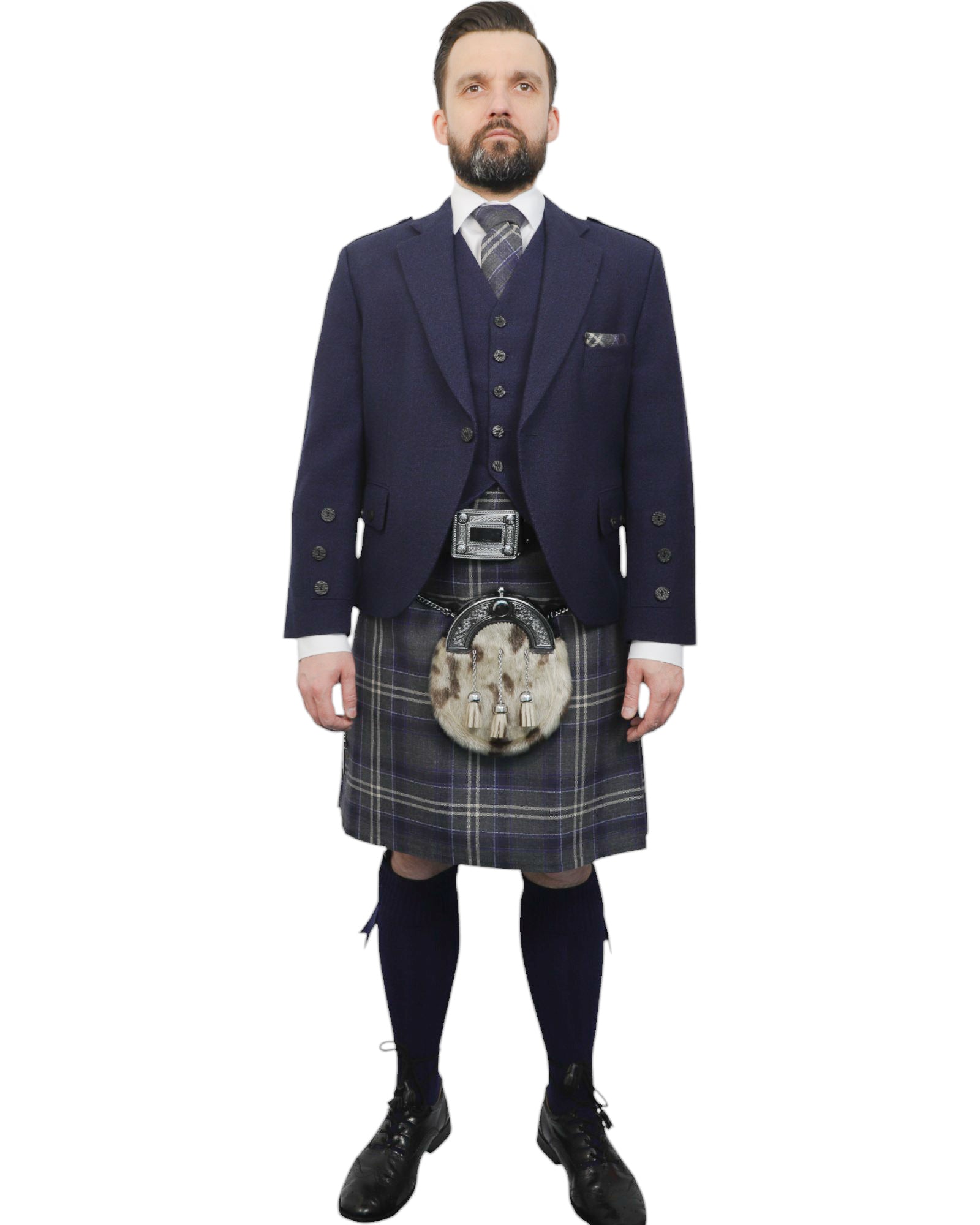Navy Tweed Jacket & Highland Storm Kilt Hire Package for men. Ideal for weddings, proms, or Highlandwear events.
