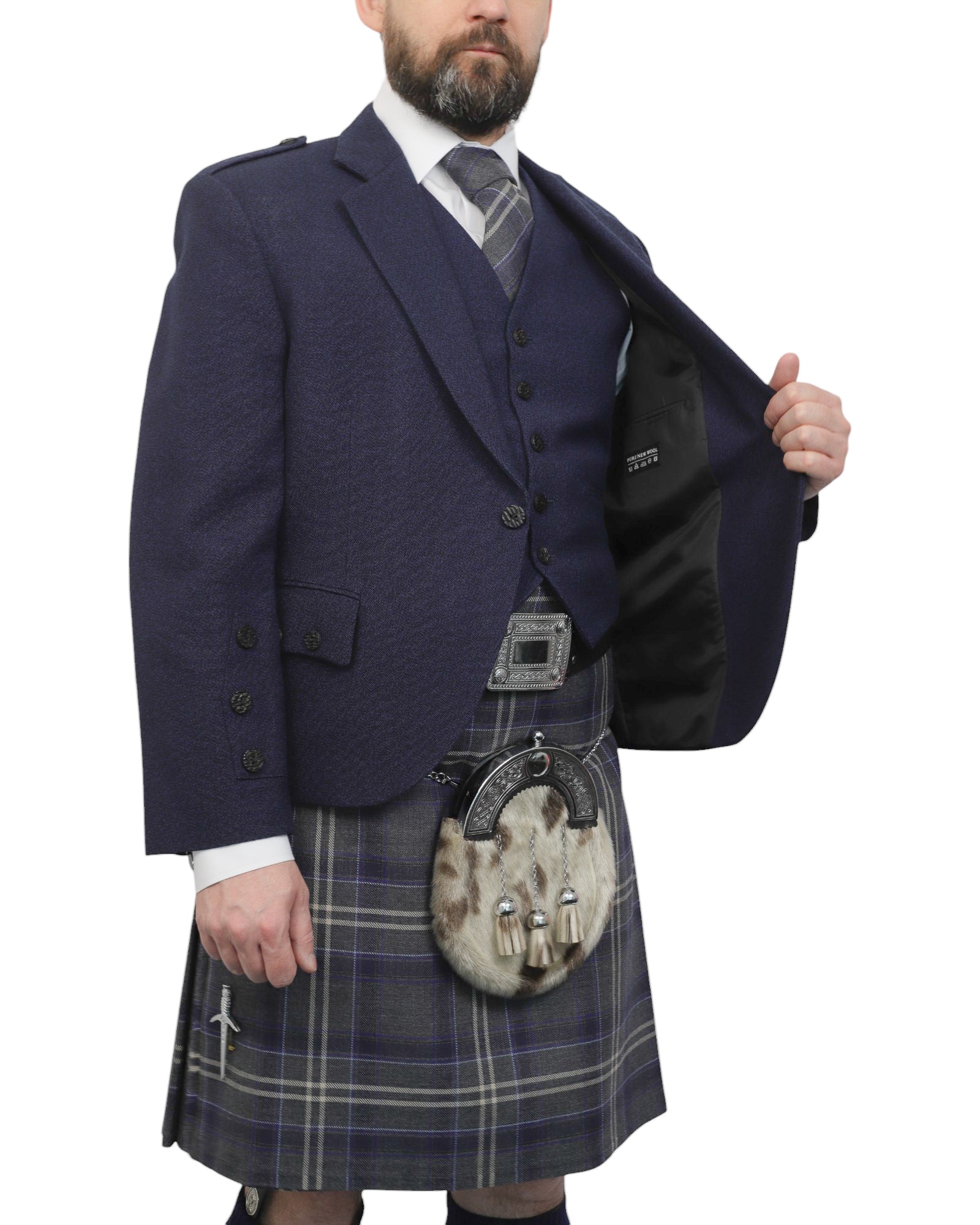 Navy Tweed Jacket & Highland Storm Kilt Hire Package for men. Ideal for weddings, proms, or Highlandwear events.