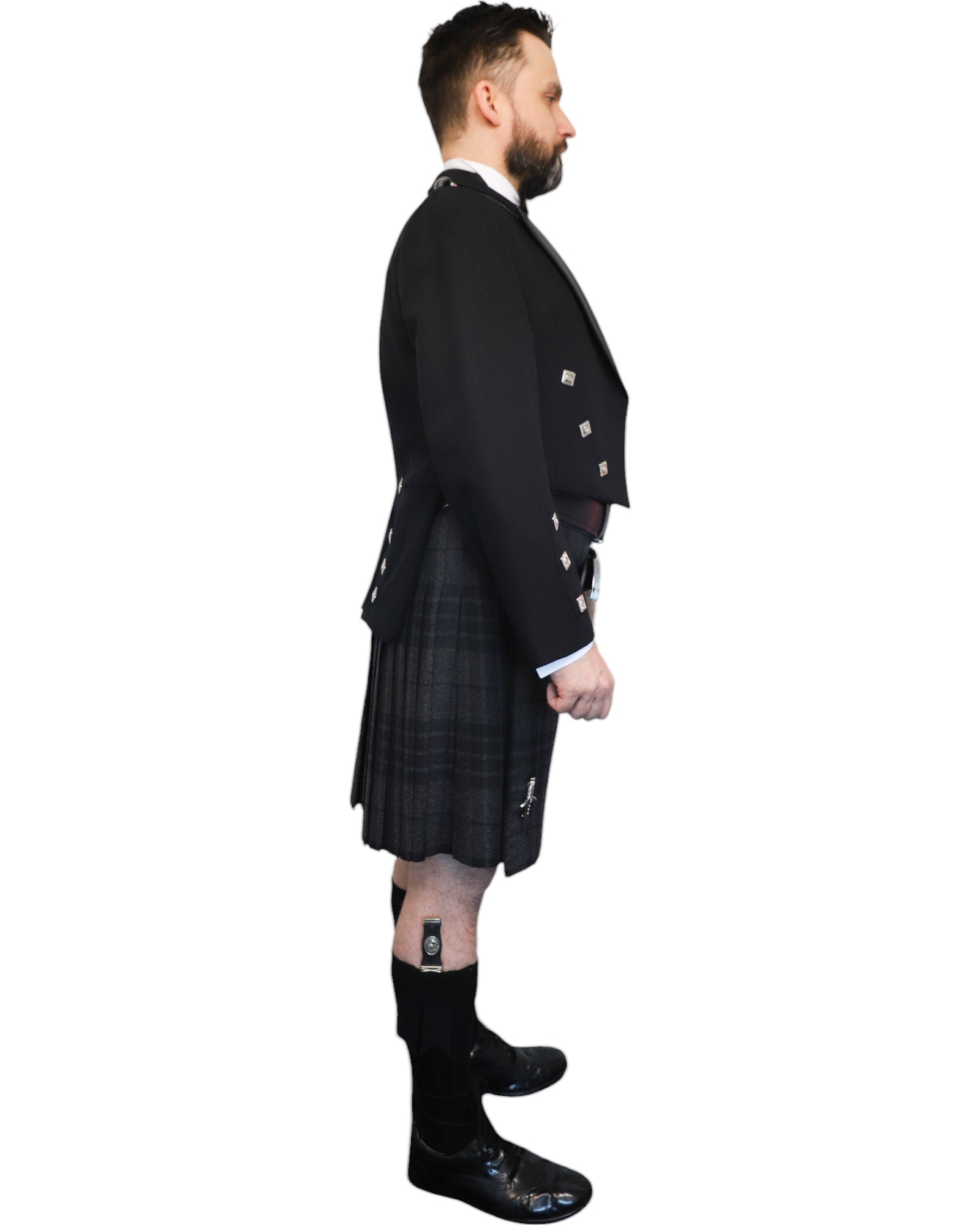 Prince Charlie Jacket & Grey Spirit Kilt Hire Package for men. Ideal for weddings, proms, or Highlandwear events. 