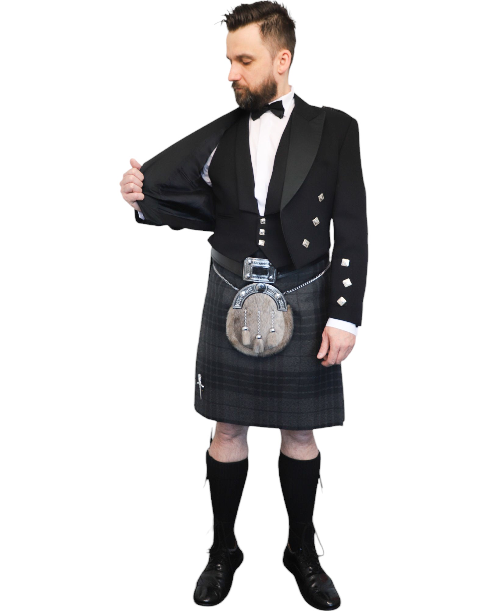 Prince Charlie Jacket & Grey Spirit Kilt Hire Package for men. Ideal for weddings, proms, or Highlandwear events. 