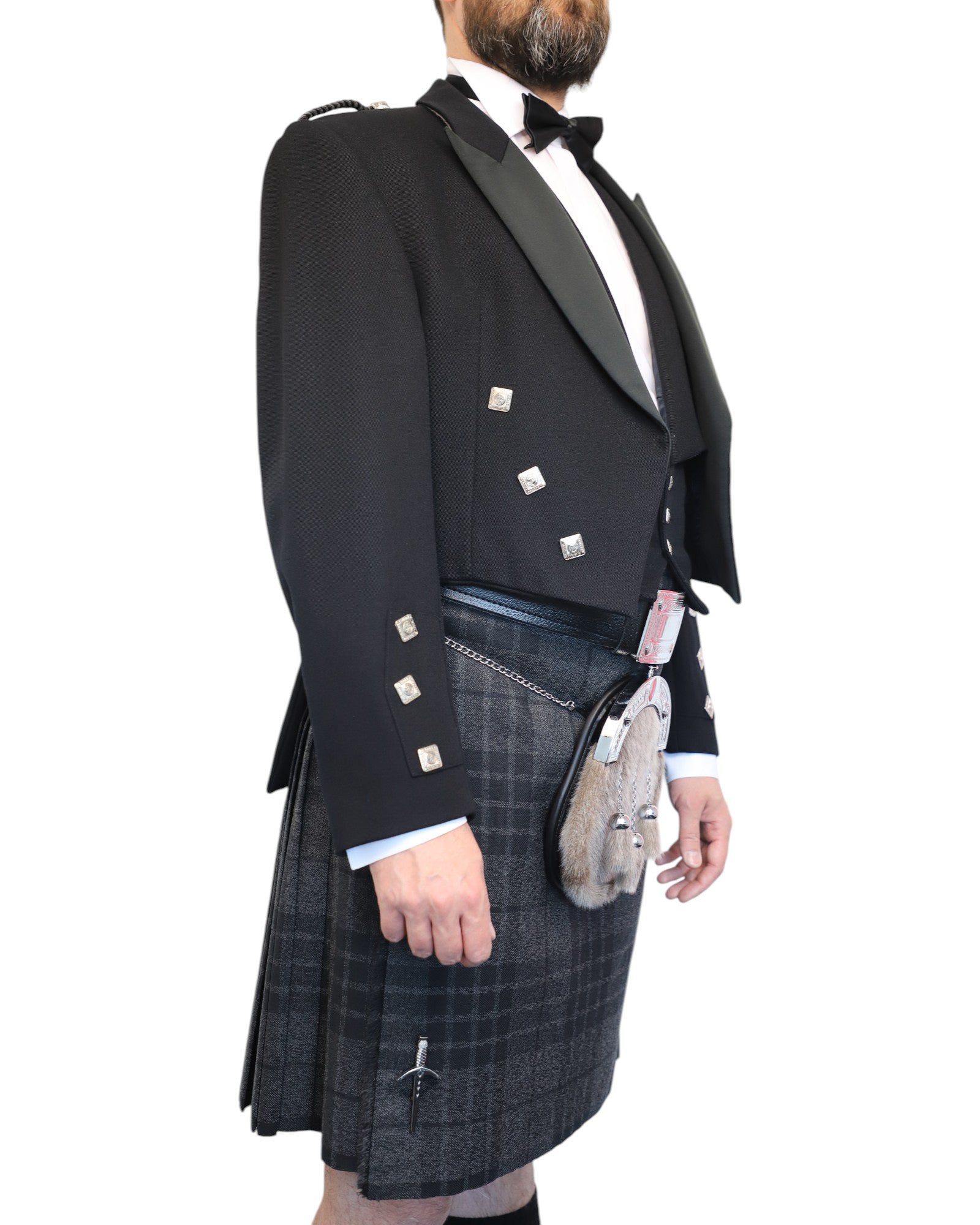 Prince Charlie Jacket & Grey Spirit Kilt Hire Package for men. Ideal for weddings, proms, or Highlandwear events. 