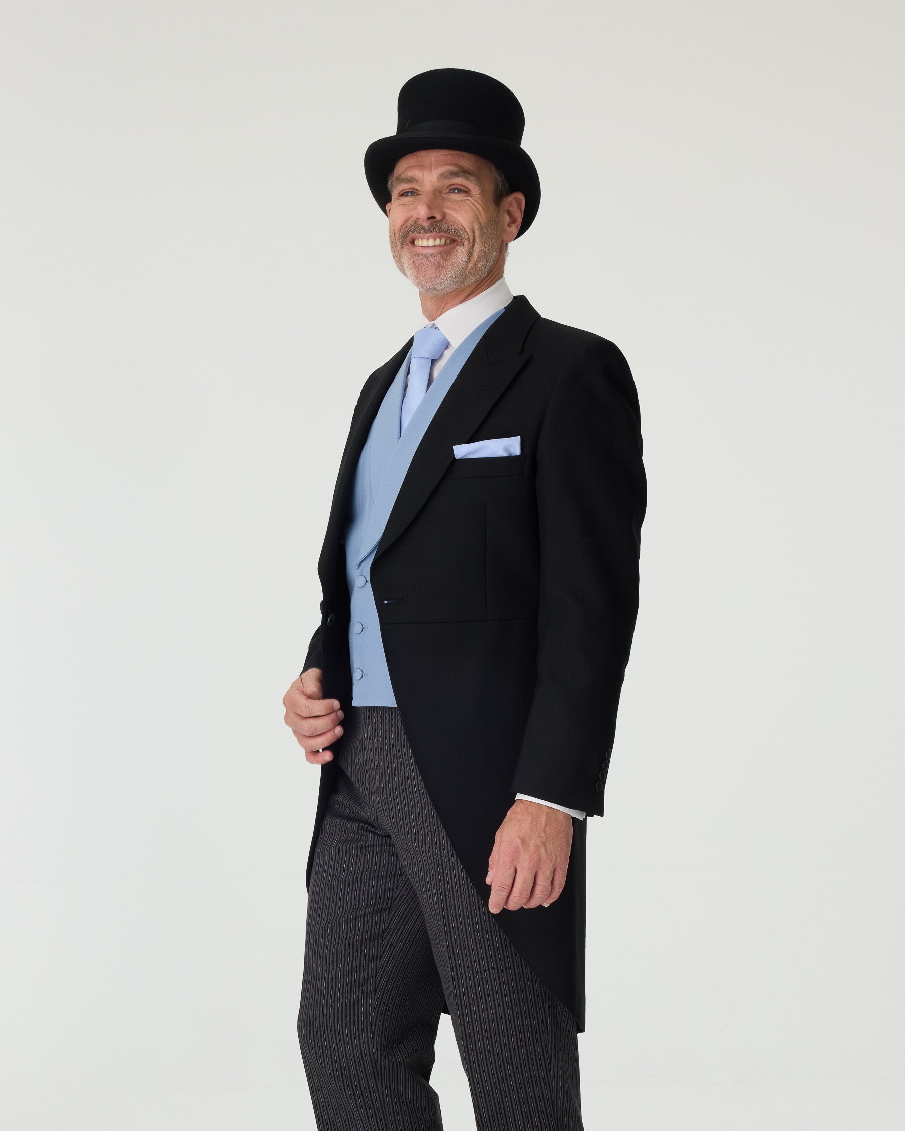 Black Tailcoat, Blue Waistcoat & Grey Stripe Trousers Hire Package with Top Hat