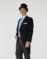 Black Tailcoat, Blue Waistcoat & Grey Stripe Trousers Hire Package with Top Hat