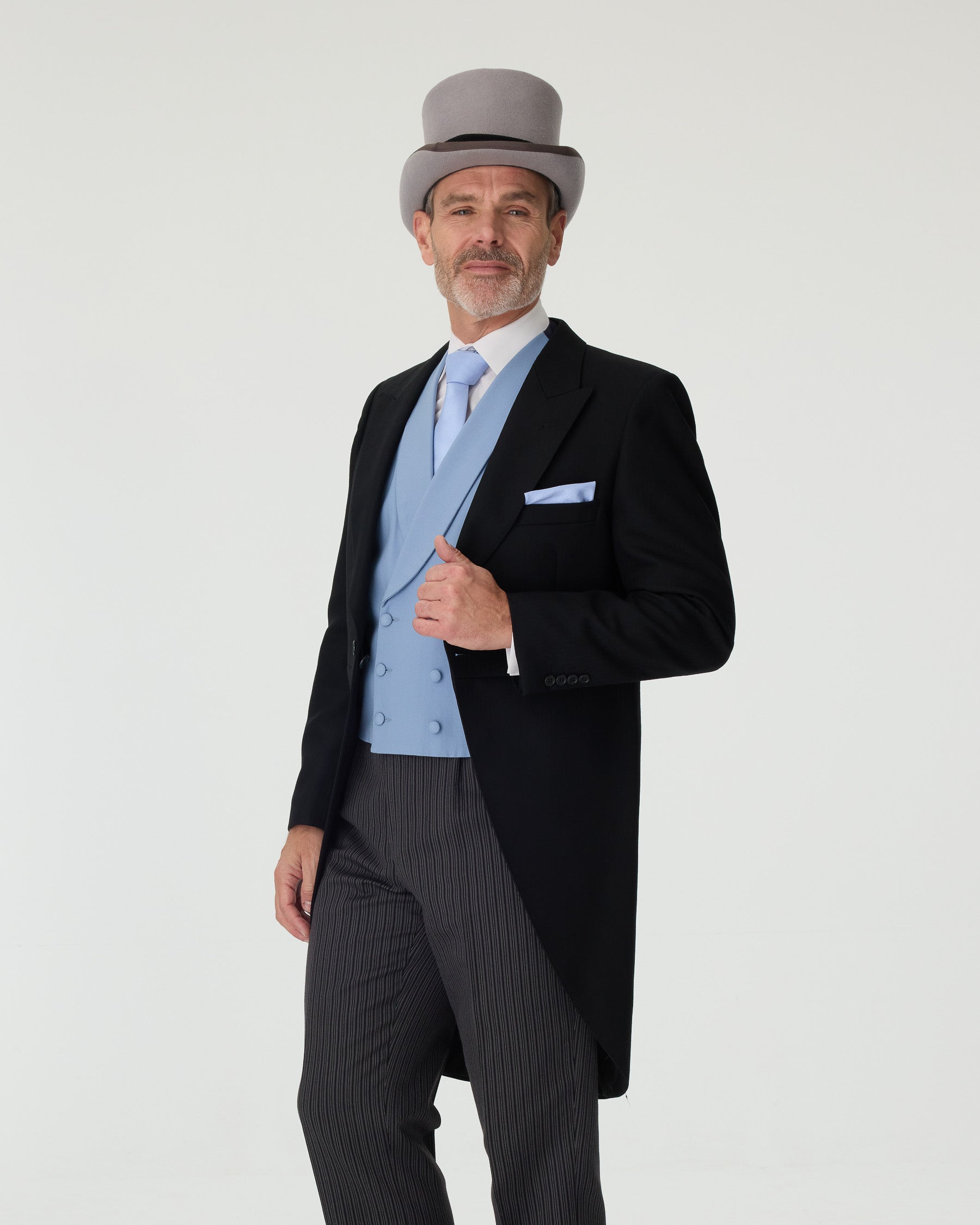 Black Tailcoat, Blue Waistcoat & Grey Stripe Trousers Hire Package with Top Hat