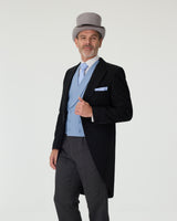 Black Tailcoat, Blue Waistcoat & Grey Stripe Trousers Hire Package with Top Hat