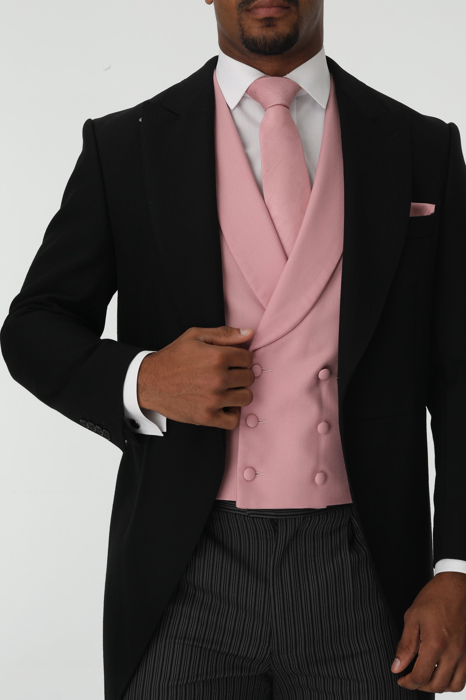Black Tailcoat, Pink Waistcoat & Grey Stripe Trousers Hire Package with Top Hat